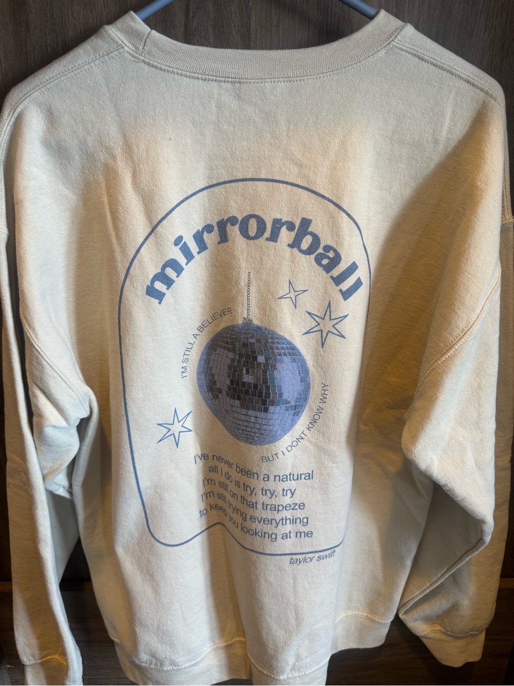 Taylor Swift Cream Sweatshirt with Blue Mirrorball Graphic Size Large